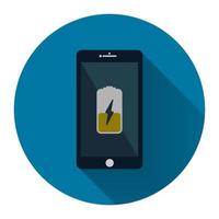 telefone celular.smartphone com ícone de bateria de carregamento amarelo na tela com sombra longa preta, estilo de design simples. Ilustração em vetor