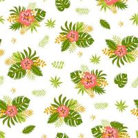 desatado exótico padronizar com tropical folhas e flores em uma branco fundo. hibisco, selva Palma folhas. verão trópico brilhante imprimível digital papel, repetido papel de parede. vetor ilustração.