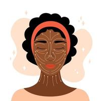 facial massagem linhas. vetor ilustração. regras do antienvelhecimento face massagem infográfico. cabeça do lindo africano americano mulher e pontilhado Setas; flechas. elevação esculpir técnicas