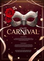 mascarada festa Projeto com prata mascarar e rosas dentro 3d ilustração em Borgonha vermelho fundo vetor