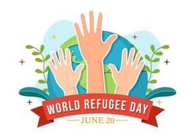 mundo refugiado dia em 20 Junho vetor ilustração com imigração família e seus crianças caminhando procurar casa dentro mão desenhado fio cerca modelos
