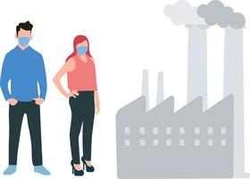 uma Garoto e uma menina vestindo máscaras Veja às a fumaça chegando Fora do a fábrica. vetor