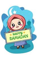 garota muçulmana com ilustração de desenho animado feliz ramadan kareem vetor