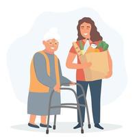 uma voluntário ajuda a idosos mulher com uma andador levar mantimentos. vetor gráficos.