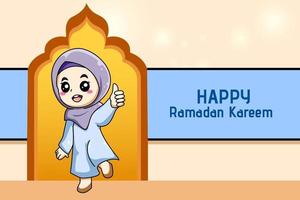 linda garota muçulmana feliz na ilustração dos desenhos animados ramadan kareem vetor