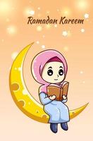 Linda e feliz garota muçulmana na lua lendo um livro na ilustração dos desenhos animados ramadan kareem vetor