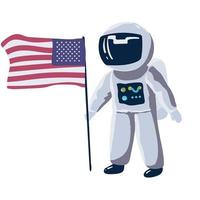 fofa pequeno astronauta ficar de pé em a lua com EUA flag.space missão. infantil vetor ilustração