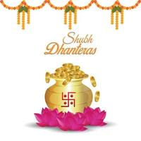 Cartão de convite de shubh dhanteras com pote de moeda de ouro de vetor e flor de lótus