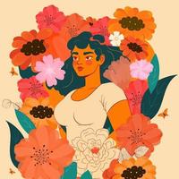 jovem mulher personagem em floral decorado fundo. vetor