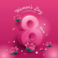 mulheres dia celebração conceito com marcha do 3d número 8, pérolas em papel flores decorado Rosa fundo. vetor