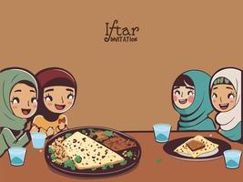 alegre muçulmano fêmea crianças personagens a comemorar iftar festa com delicioso refeições. vetor