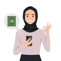 muçulmano mulher segurando telefone e dando Está bem placa Porque ela tem Alcorão aplicativo dentro dela Móvel telefone. vetor