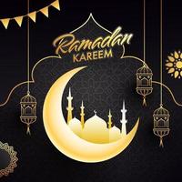 islâmico piedosos mês do Ramadã kareem conceito com dourado crescente lua mesquita estamenha bandeiras suspensão lanternas. vetor