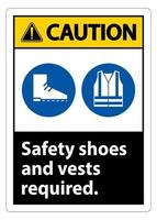sinal de cautela, sapatos de segurança e colete necessários com símbolos de ppe em fundo branco, ilustração vetorial vetor