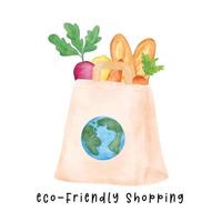 ecológico reutilizável tecido carregar compras saco cheio do fresco legumes aguarela mão desenhando ilustração, trazer seu próprio bolsa. vetor