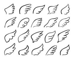 rabisco asas. vôo angélico asa logotipo, estilizado esboço anjo penas tatuagem esboço desenho. mão desenhado pássaro asa rabiscos vetor conjunto