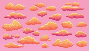 desenho animado pôr do sol nuvem, fofo laranja nuvens dentro céu. fofa Rosa nublado céus, céu pôr do sol cloudscape com nuvem formas vetor conjunto
