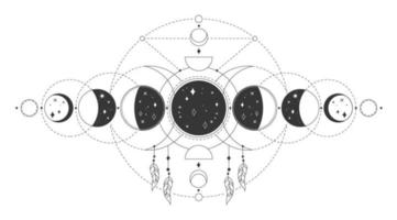 Magia lua fases, místico sagrado lunar Estágio. oculto astrologia tatuagem desenhando com esotérico geométrico elementos vetor ilustração