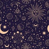 astrologia desatado padronizar com constelações, planetas e estrelas. espaço galáxia, estrelado noite têxtil tecido impressão vetor fundo