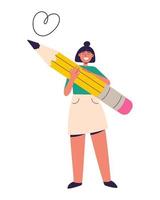 feliz mulher segurando grande lápis vetor ilustração