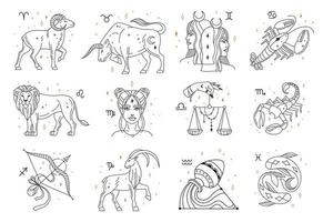 horóscopo zodíaco sinais, astrologia constelações símbolos. leão, Peixes, Capricórnio, Libra, Câncer, Sagitário astrológico placa vetor conjunto