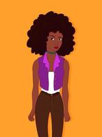 jovem africano americano mulher com Preto encaracolado cabelo dentro legal roupas. Preto Forte menina em amarelo fundo, frente visualizar. colorida vetor ilustração.