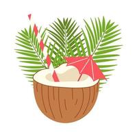 tropical coco coquetel com colorida Palha e guarda-chuva. de praia coco leite água em Palma folhas. desenho animado vetor ilustração.