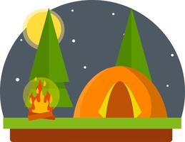 amarelo barraca dentro a madeiras. viagem para natureza. ao ar livre atividade. acampamento e caminhada. árvores e noite com lua. fogueira e descansar dentro floresta. vetor