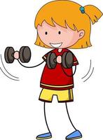 garotinha fazendo exercícios com pesos, personagem de desenho animado vetor