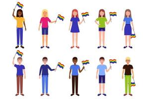 conjunto de desenhos vetoriais de ilustrações com homens e mulheres de diferentes raças segurando bandeiras lgbt vetor