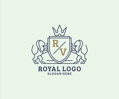 modelo de logotipo de luxo real de leão de carta inicial rv em arte vetorial para restaurante, realeza, boutique, café, hotel, heráldica, joias, moda e outras ilustrações vetoriais. vetor