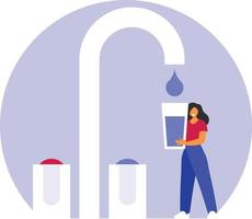 uma menina é em pé abaixo a torneira com uma vidro do água vetor