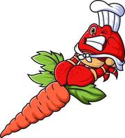 a mascote personagem do uma fofa caranguejo trabalho Como uma profissional chefe de cozinha puxar uma grande cenoura vetor