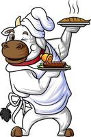 uma gordo desenho animado vaca trabalhando Como uma profissional chefe de cozinha, carregando dois pratos do quente Comida vetor
