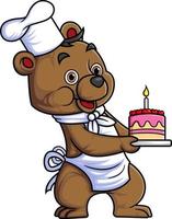 fofa bebê Urso desenho animado personagem vestindo chefe de cozinha roupas carregando uma grande aniversário bolo vetor