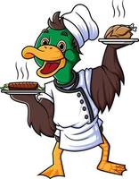 fofa Pato desenho animado personagem é uma profissional chefe de cozinha e carrega dois pratos vetor