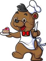 fofa bebê Urso desenho animado personagem vestindo chefe de cozinha roupas carregando uma fatia do aniversário bolo e uma bolo faca vetor