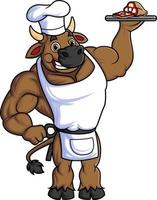 personagem do uma grande touro trabalhando Como uma profissional chefe de cozinha carregando uma prato do grelhado frango vetor