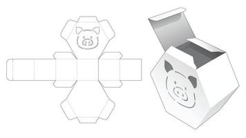 caixa hexagonal com molde de estêncil de porco cortado vetor