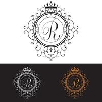 letra r. modelo de logotipo de luxo floresce linhas caligráficas de ornamento elegante, ilustração vetorial vetor