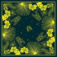 botânico quadrado padronizar com, folhas, hibisco, cigarras, e abelhas. vetor. vetor