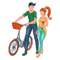 um casal apaixonado em uma caminhada com uma bicicleta. vetor