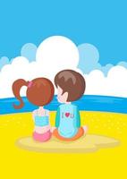 menino e menina sentados na praia vetor