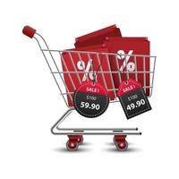 carrinhos de compras cheios de sacolas de compras com venda de etiquetas de preços de papel vermelho e preto 3D, ilustração vetorial