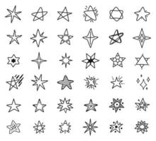 estrelas rabisco desenhos, mão desenhado Estrela esboços. simples fofa estrelas, brilhos ou explosão estelar elementos para crianças têxtil ou padrões vetor conjunto