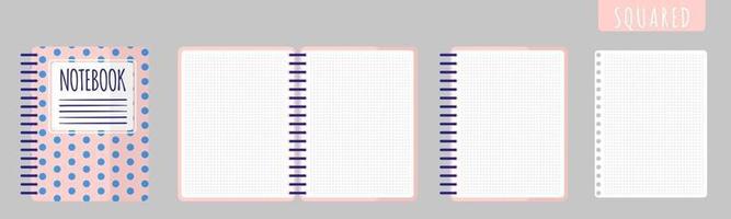 ilustração de desenho vetorial com caderno quadrado, caderno aberto e folhas em branco sobre fundo branco. vetor