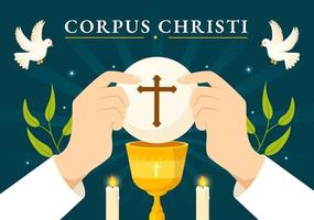 corpus christi católico religioso feriado vetor ilustração com festa dia, cruzar, pão e uvas dentro plano desenho animado mão desenhado poster modelos