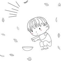 simples e fofa ilustração do uma criança dentro linha arte estilo derramando leite para dentro uma tigela vetor
