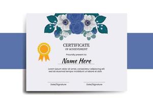 certificado modelo azul rosa flor aguarela digital mão desenhado vetor