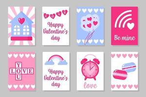 conjunto de cartões de cor rosa, branco e azul para o dia dos namorados ou casamento. design plano de vetor isolado em fundo cinza